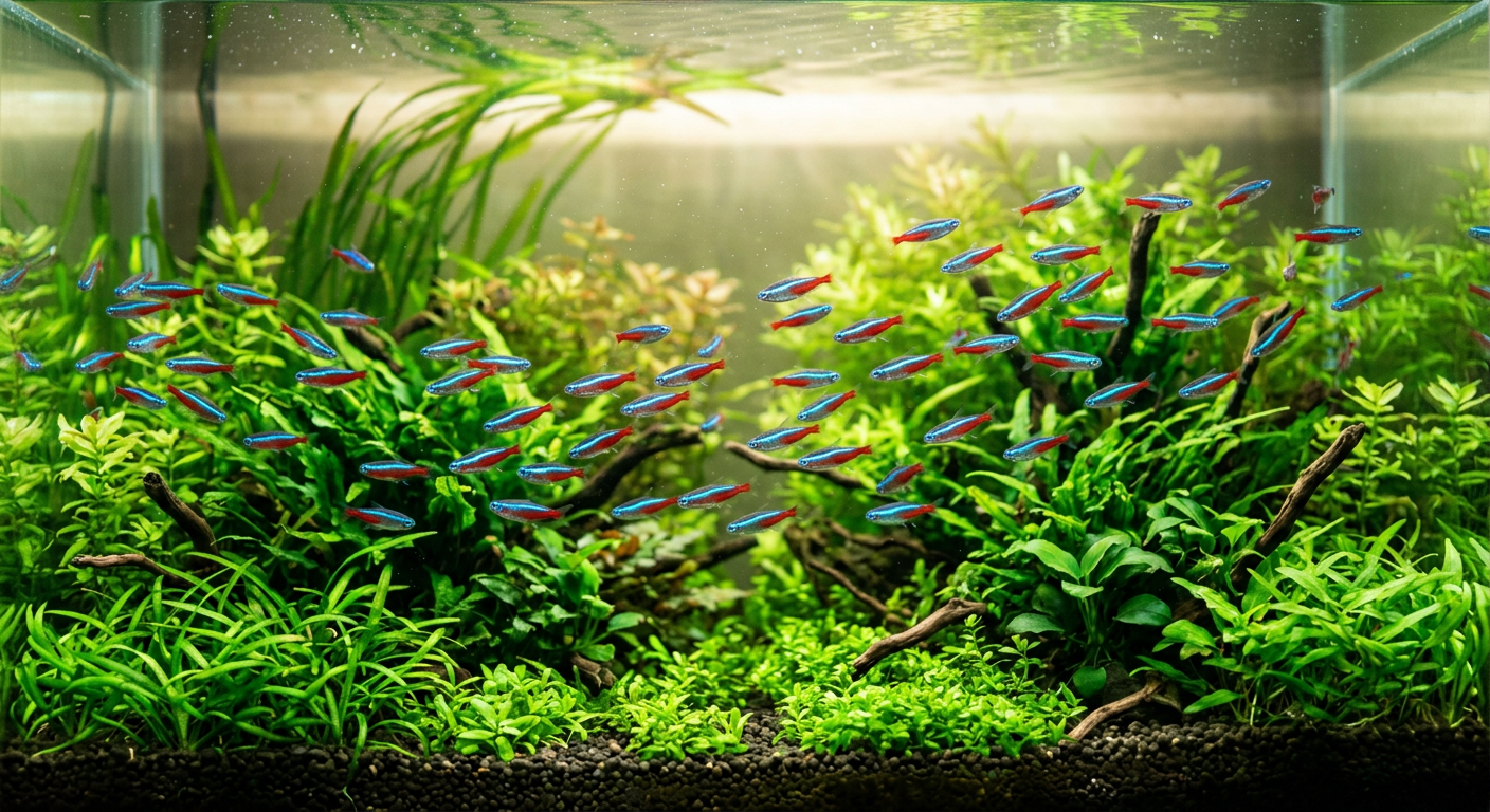 A school of colorful neon tetra fish swimming through green aquatic plants in a clear tank.