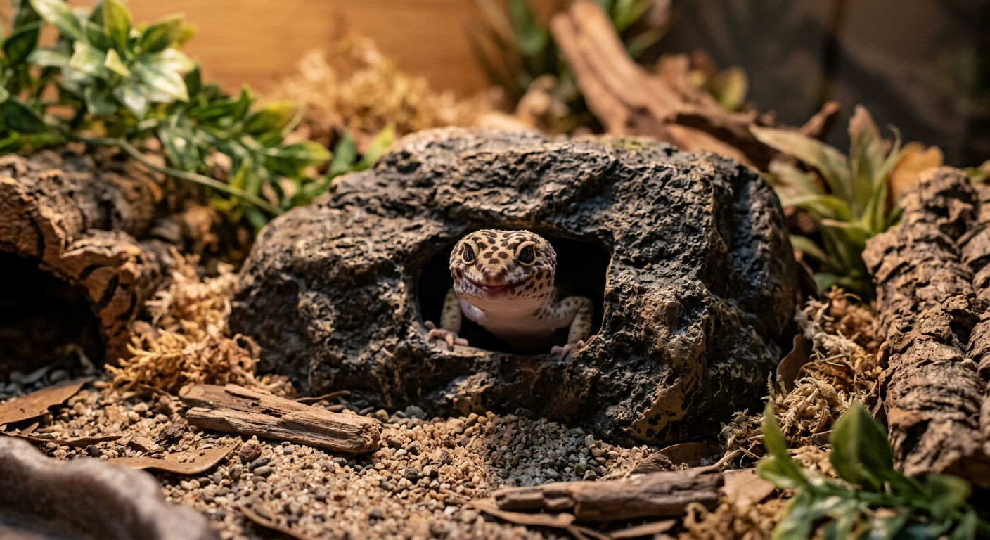 A leopard gecko peeking out from a dark rock cave during the evening.