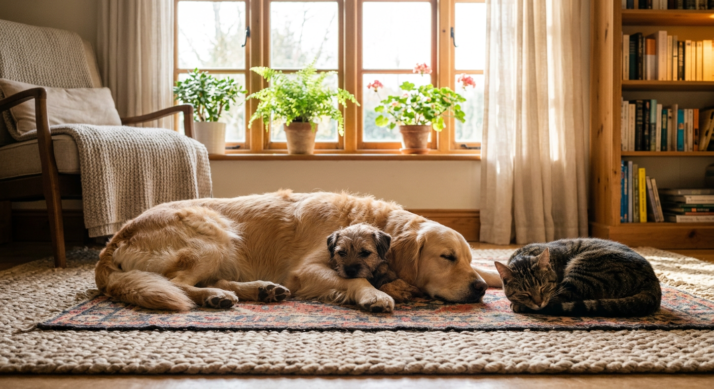 Two dogs and a cat sitting peacefully together in a sunlit living room showing positive social dynamics.