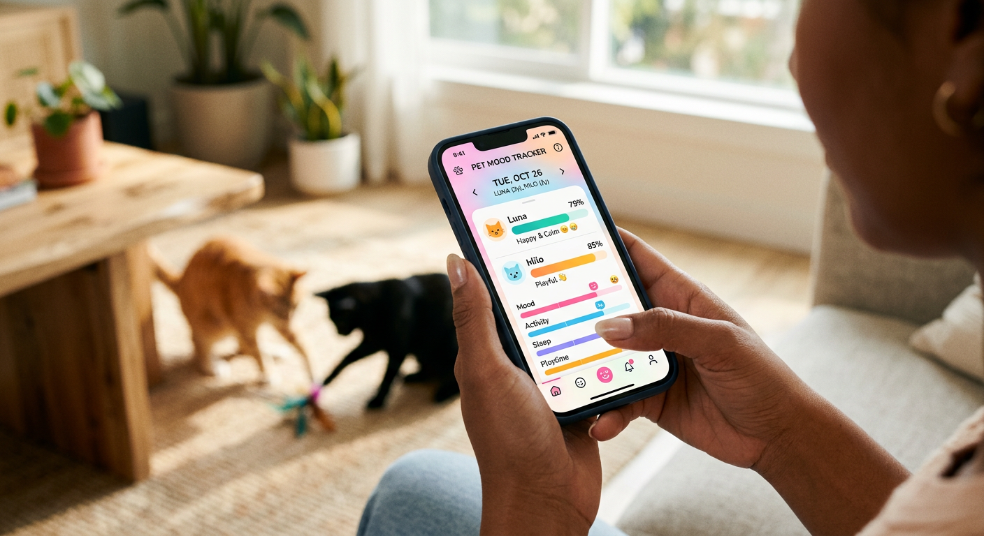 A person using a smartphone app to track the moods and interactions of their two cats.