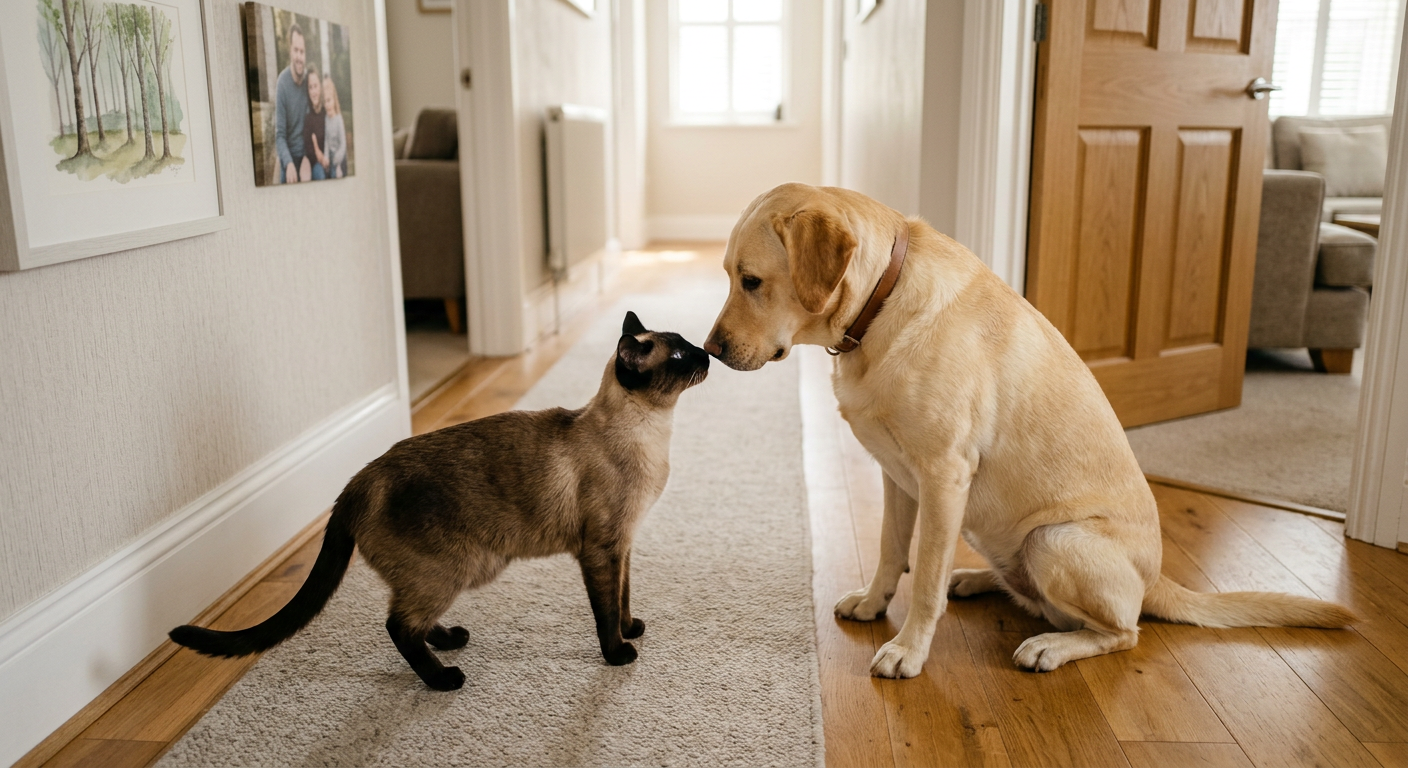 A dog and cat sniffing each other gently in a hallway, demonstrating calm communication signals.