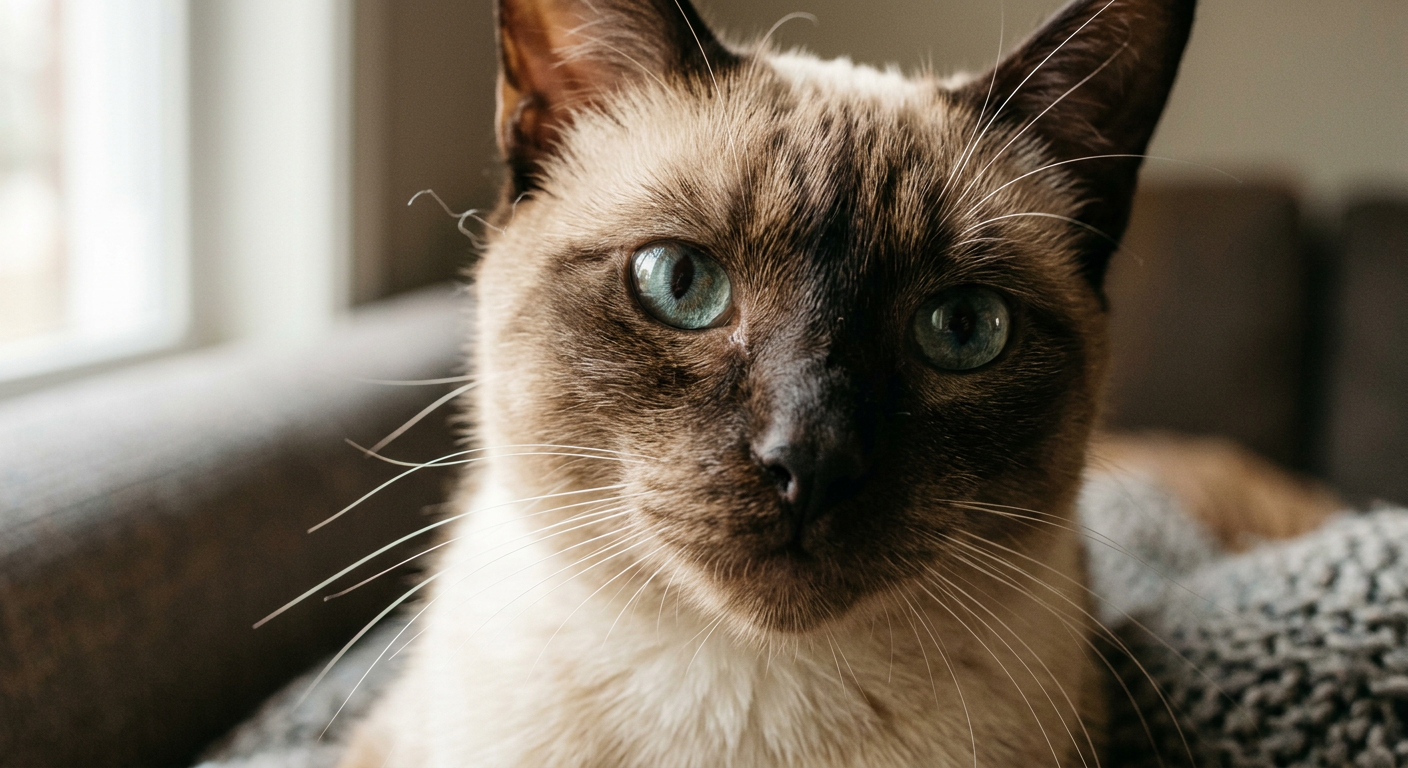 Close-up of a Siamese cat's face showing dilated pupils and forward-facing whiskers in a sunlit room.