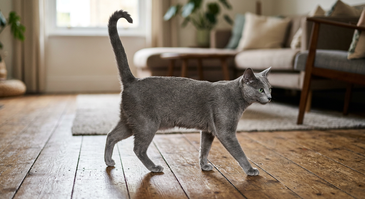 A tabby cat standing with a high, upright tail that has a slight hook at the tip.