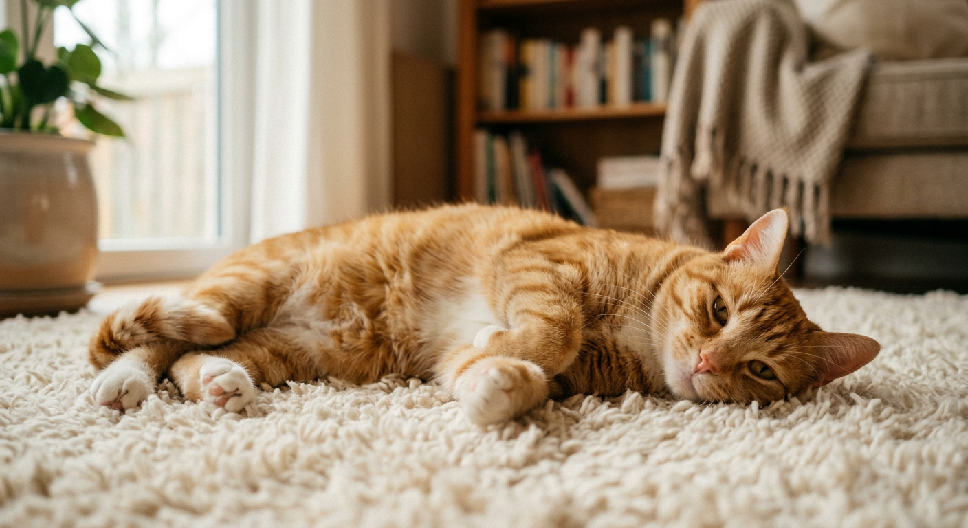 A black and white tuxedo cat stretched out in a relaxed side-lying position on a rug.