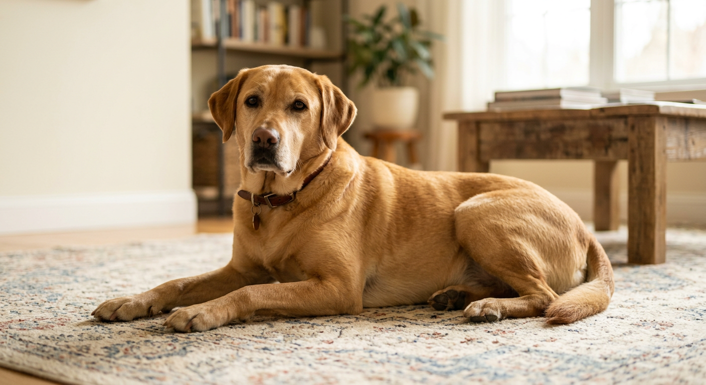 A happy dog with relaxed, slightly outward-facing ears sitting in a sunny living room.
