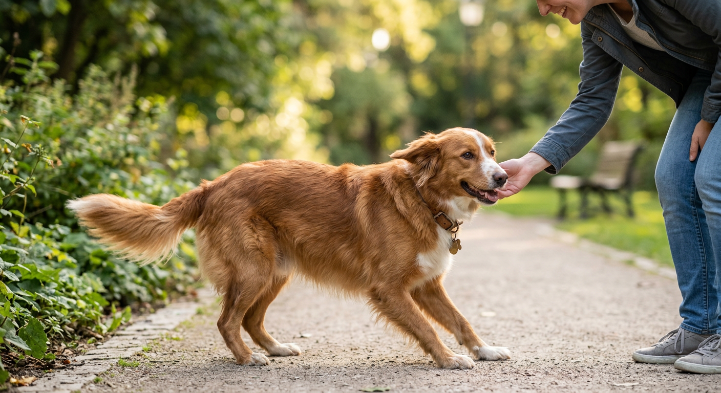 A dog with ears pulled slightly back and a wagging tail greeting its owner.
