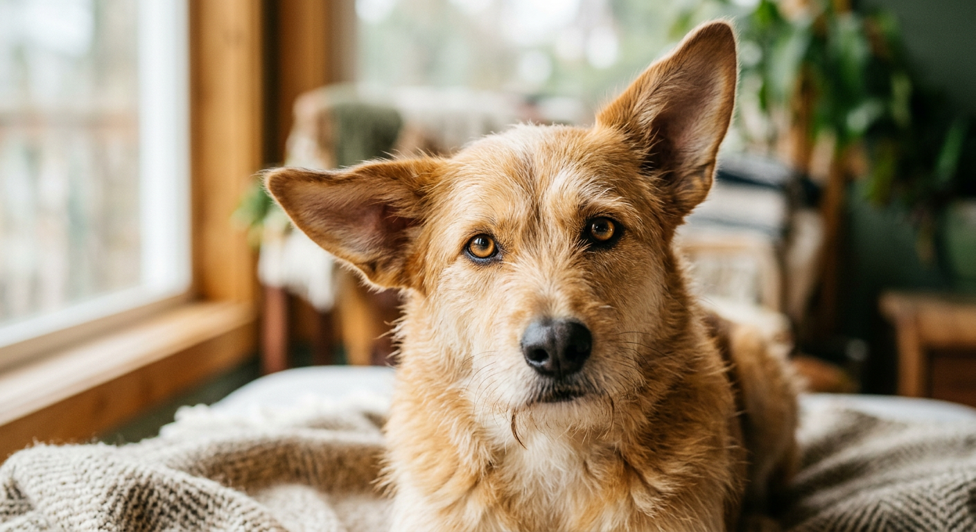A dog with one ear pointed forward and one ear turned toward the side.