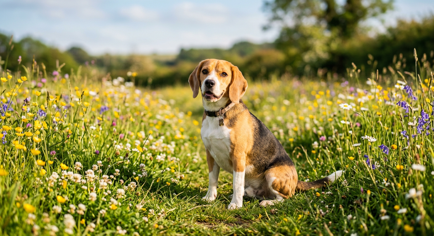 A vibrant Beage dog sitting in a blooming spring field with flowers, looking happy and healthy.