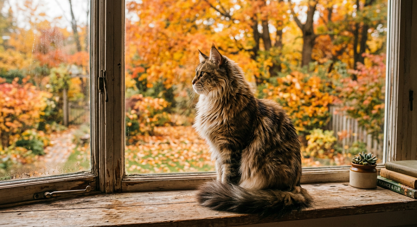 A fluffy Maine Coon cat looking out a window at falling autumn leaves, captured in warm lighting.