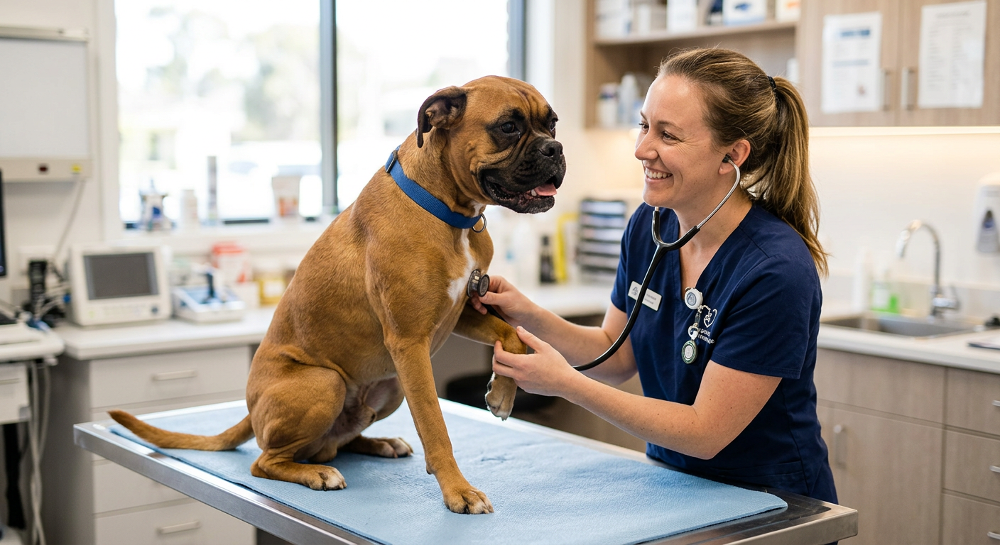A veterinarian gently examining a Boxer dog in a bright, modern veterinary clinic setting.