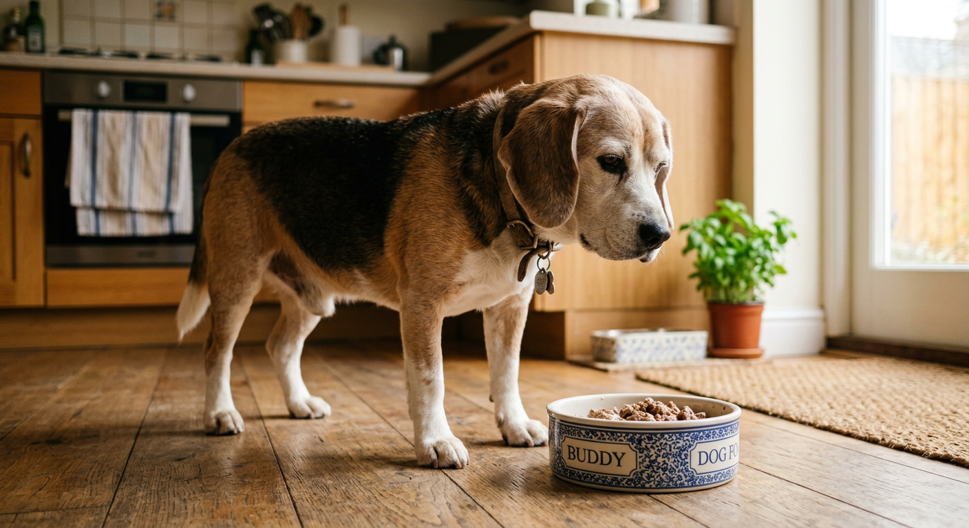 A grey-muzzled Beagle looking down at a half-full ceramic food bowl on a kitchen floor.