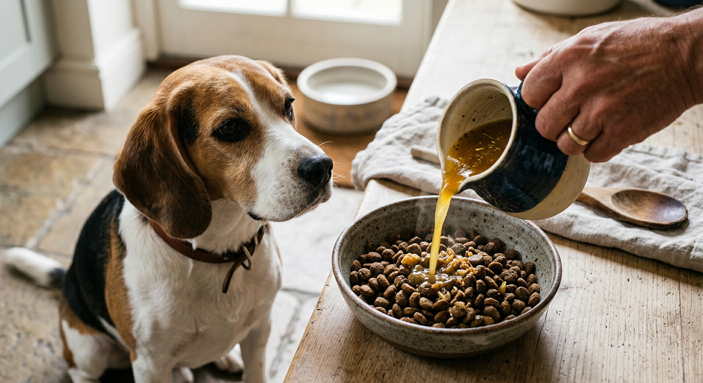 Someone pouring warm liquid topper onto a bowl of dog kibble for an older dog.