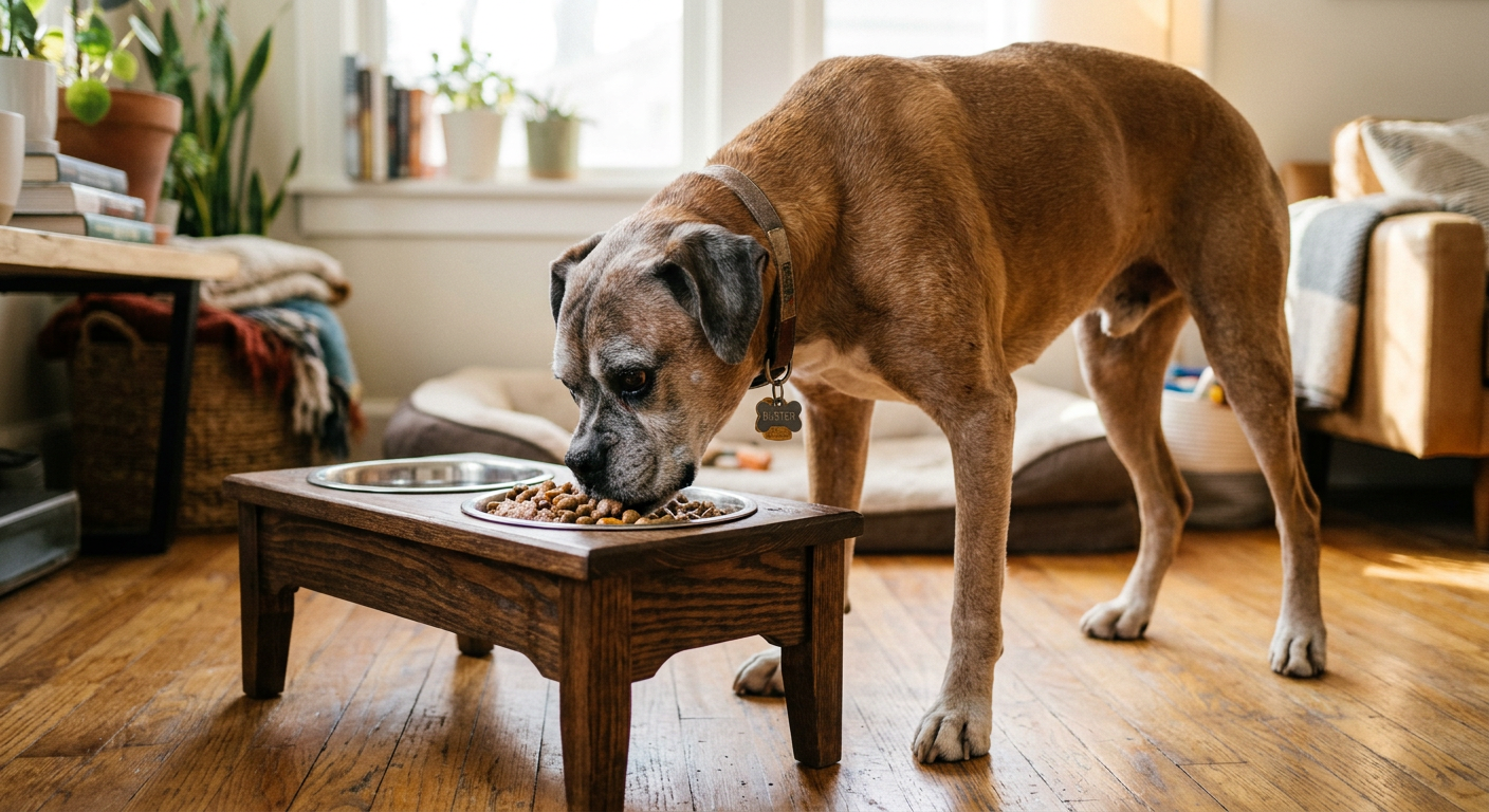 A senior Boxer dog eating comfortably from a modern wooden elevated feeding station.