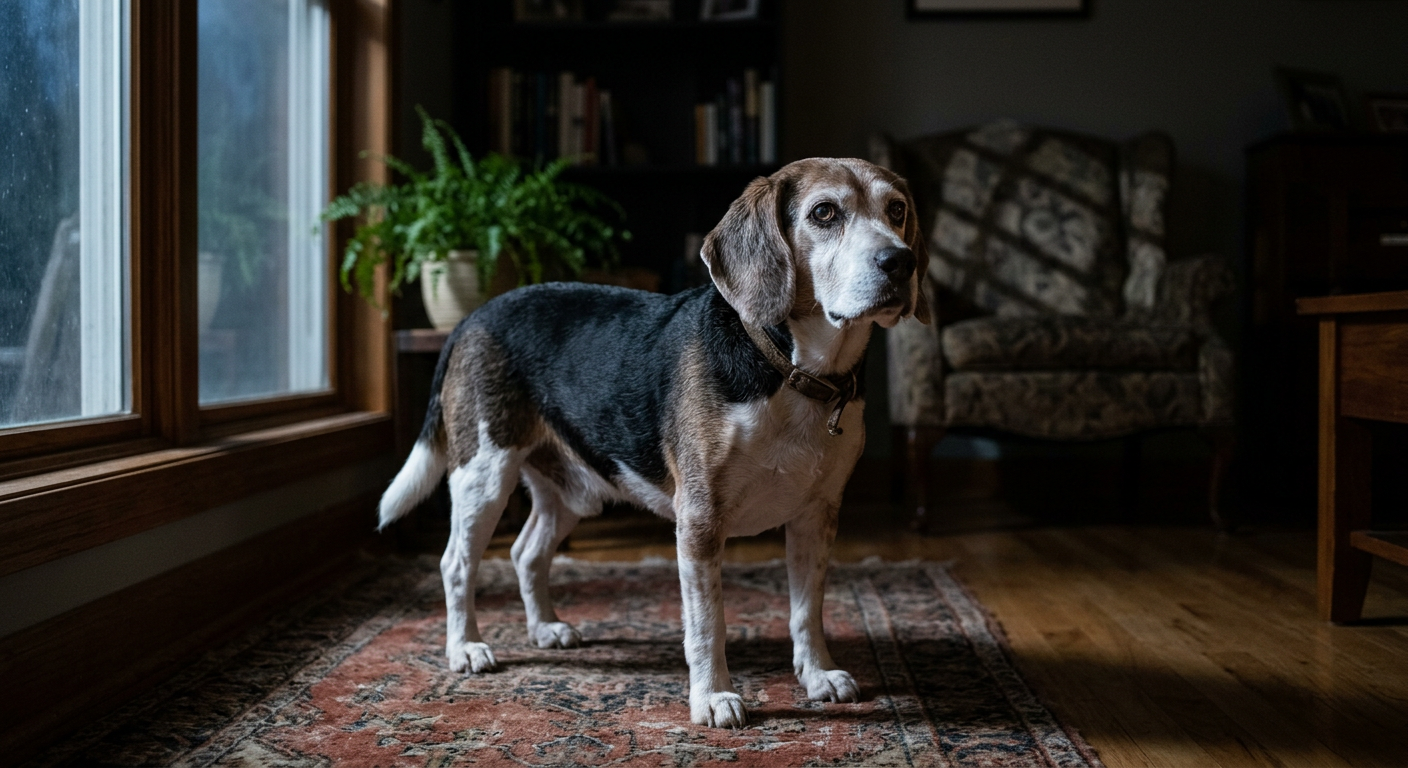 An older Beagle dog standing in a living room at night looking confused and restless.