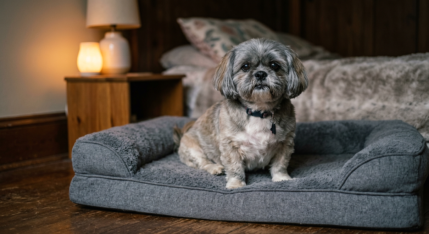 A senior Shih Tzu sitting comfortably on a soft orthopedic dog bed near a nightlight.