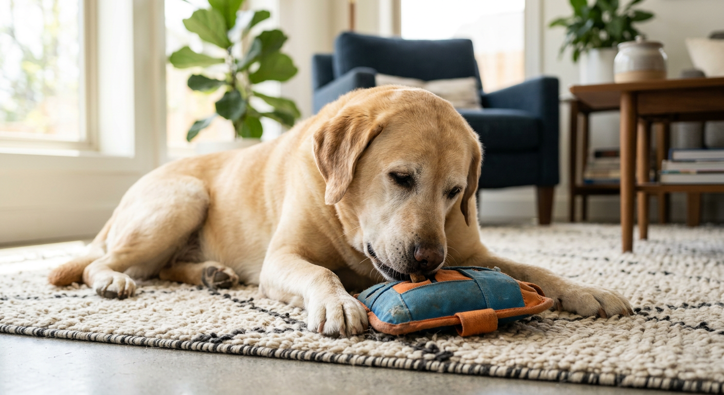 An elderly Labrador Retriever interacting with a soft plush puzzle toy on a rug.