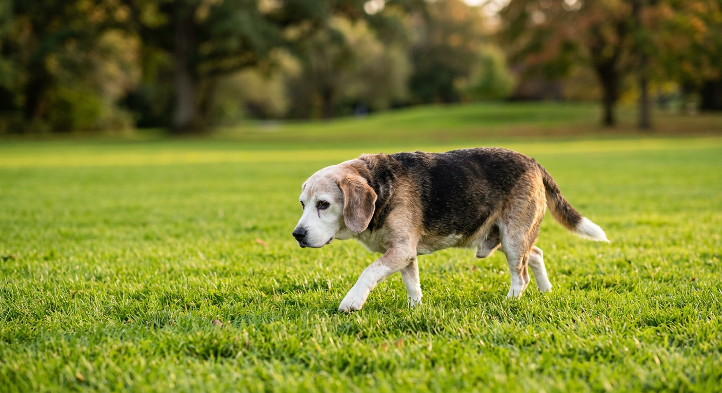 A senior Beagle dog walking slowly on a grassy lawn during a sunny afternoon.