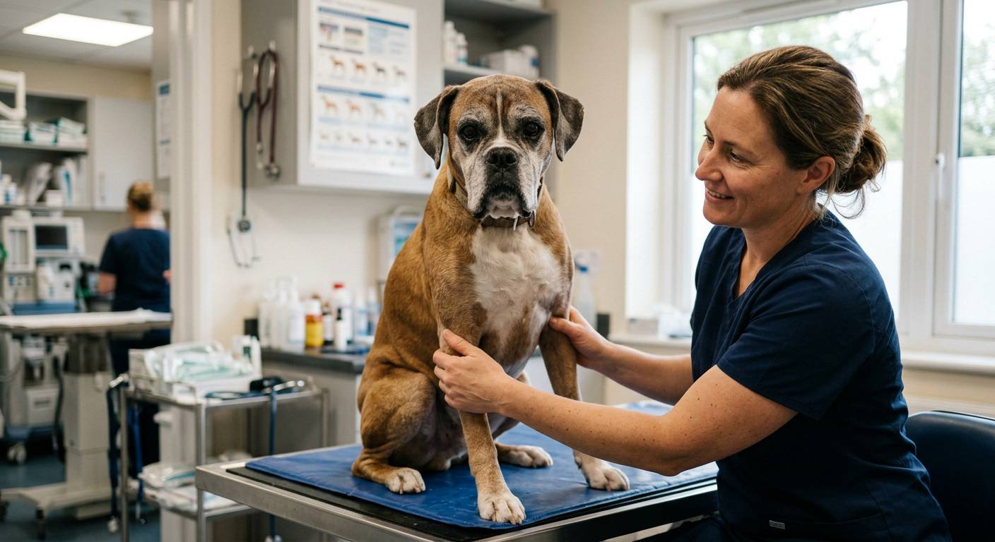 A veterinarian gently examining the hind legs of an older Boxer dog in a bright clinic.