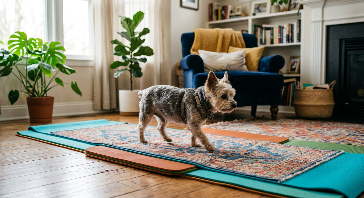 A senior dog walking safely across a living room with several non-slip yoga mats on the floor.