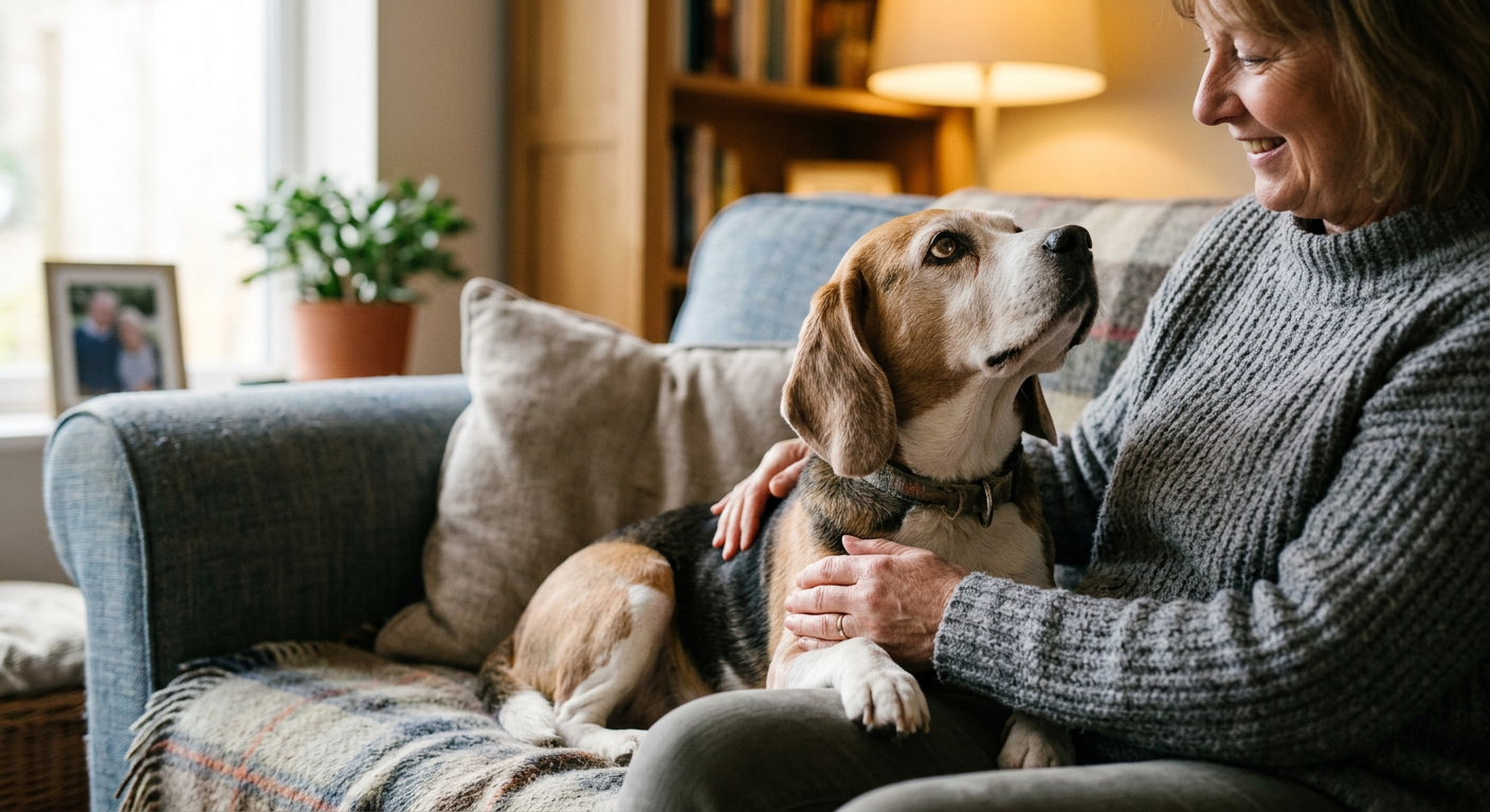 A senior Beagle dog sitting closely next to its owner on a sofa looking up with big eyes.