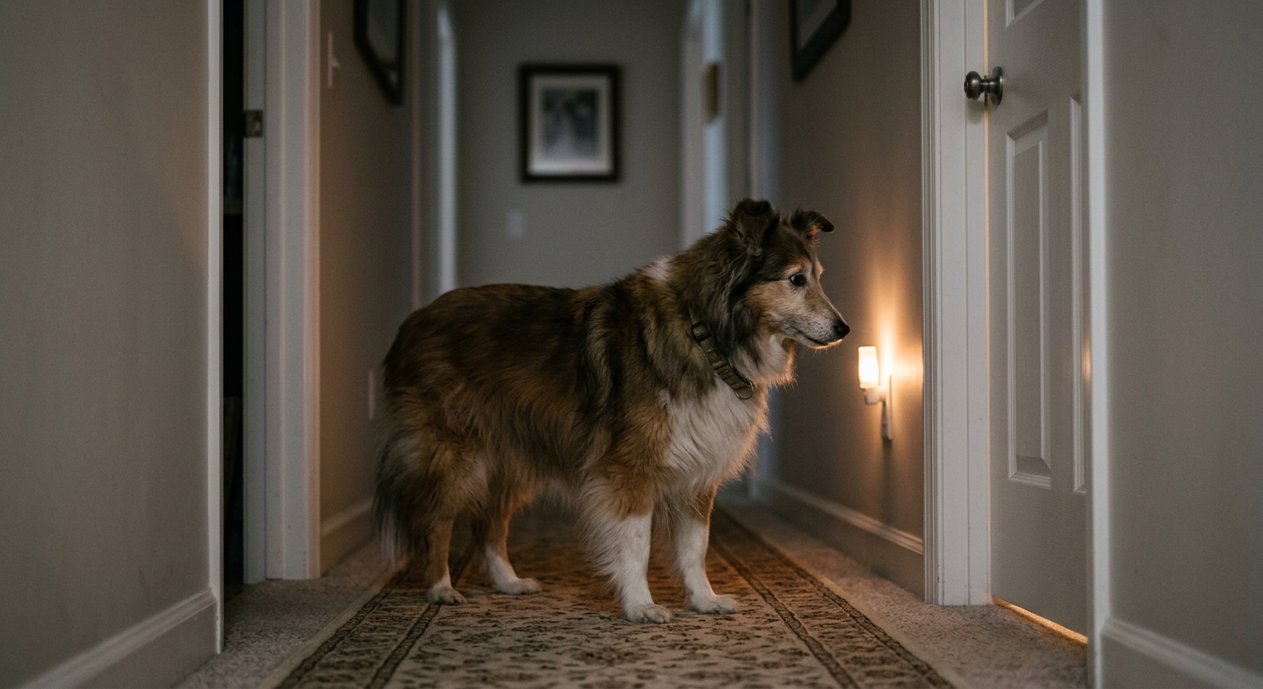 An older Shetland Sheepdog standing in a dimly lit hallway looking towards a bedroom door.
