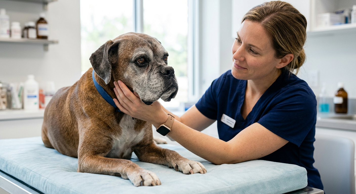 A veterinarian gently examining an older Boxer dog in a bright clinic office.