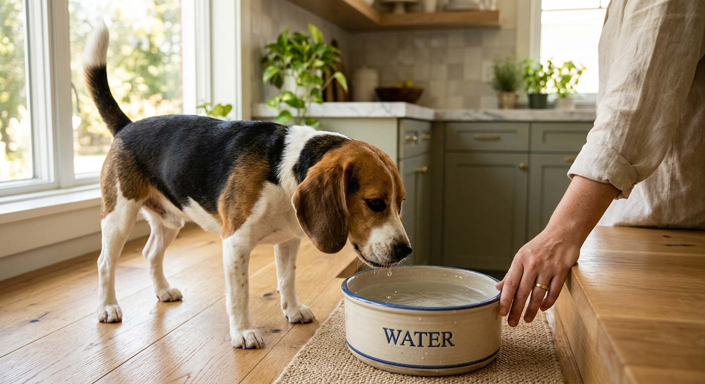 A person gently checking a Beagle's hydration by looking at its water bowl in a bright kitchen.