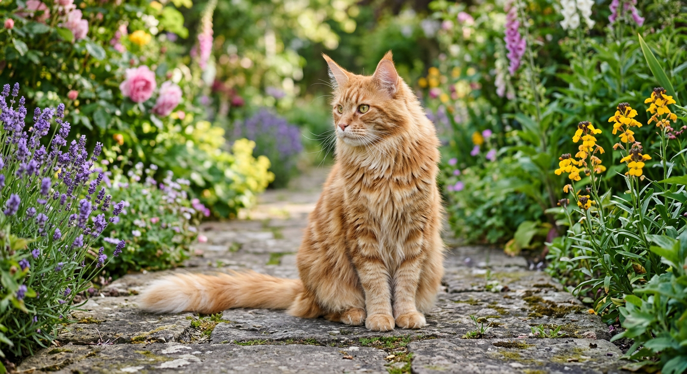 An orange tabby cat sitting in a lush green garden looking healthy and vibrant in the sunlight.