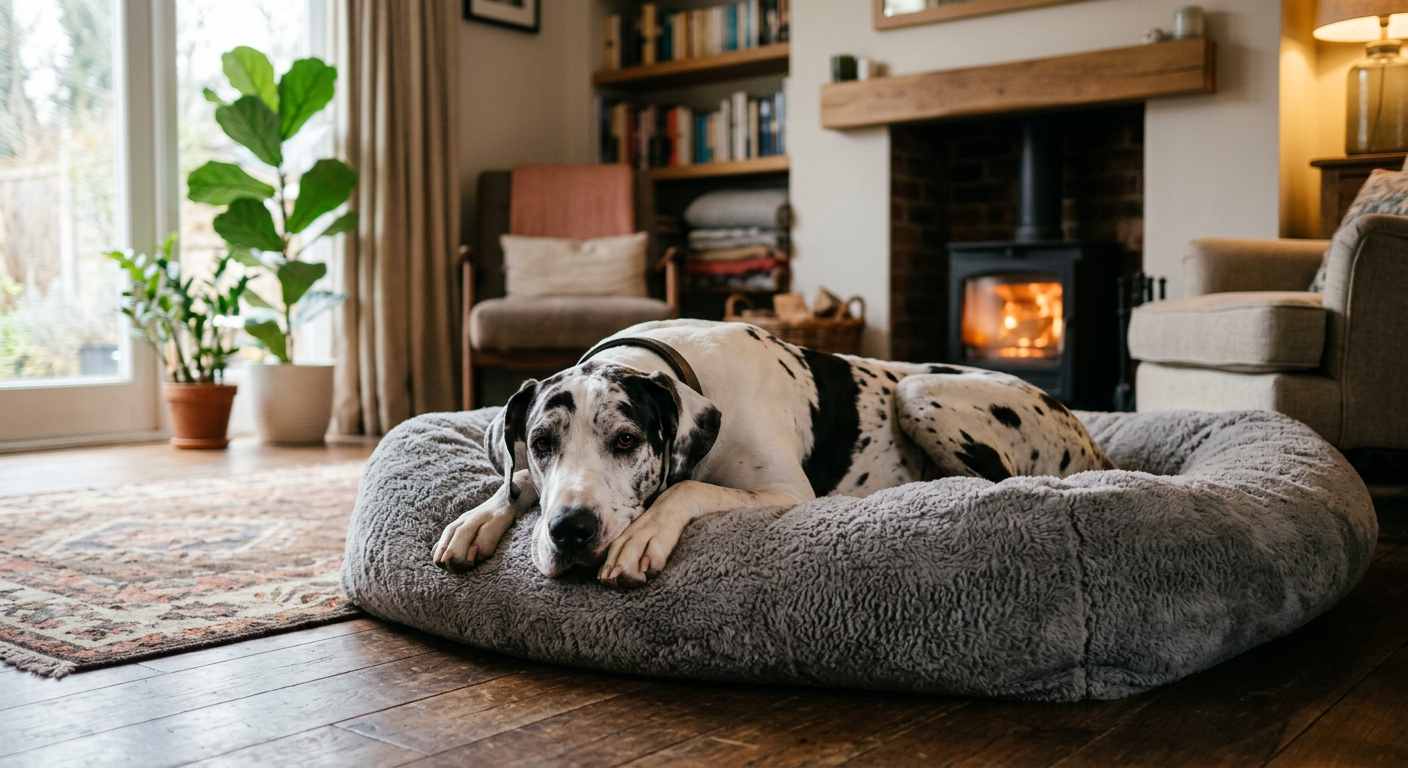 A large Great Dane resting peacefully on a comfortable orthopedic bed in a cozy living room.