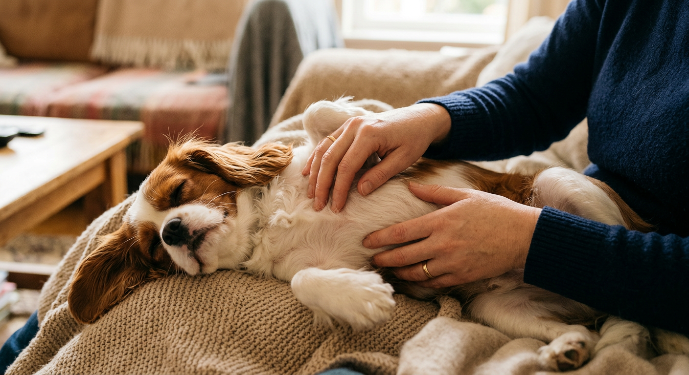A person gently checking the belly of a small Chihuahua mix sitting on a soft blue blanket.