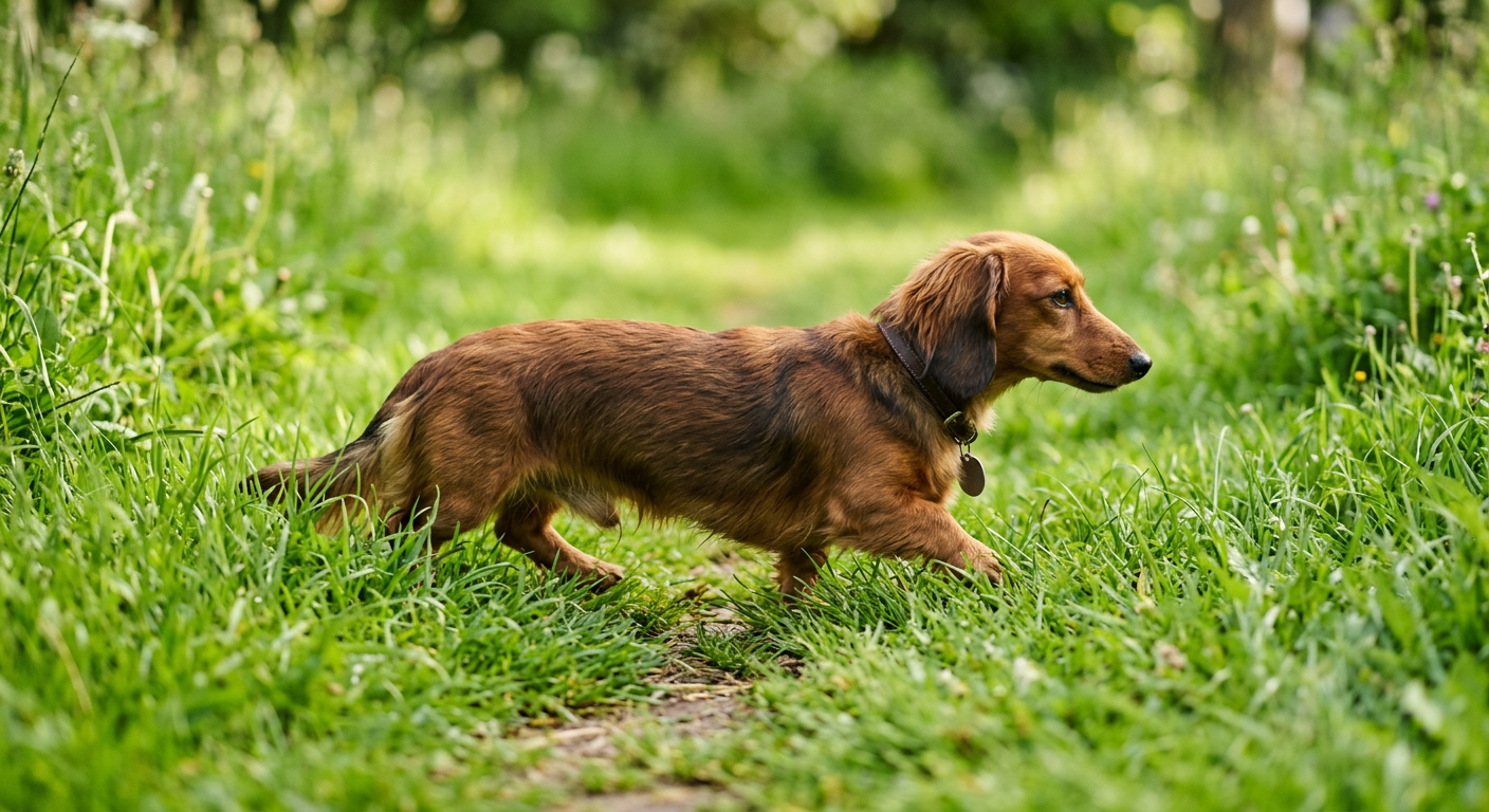 A small Dachshund walking through tall green grass, showing how close their chest is to the ground.