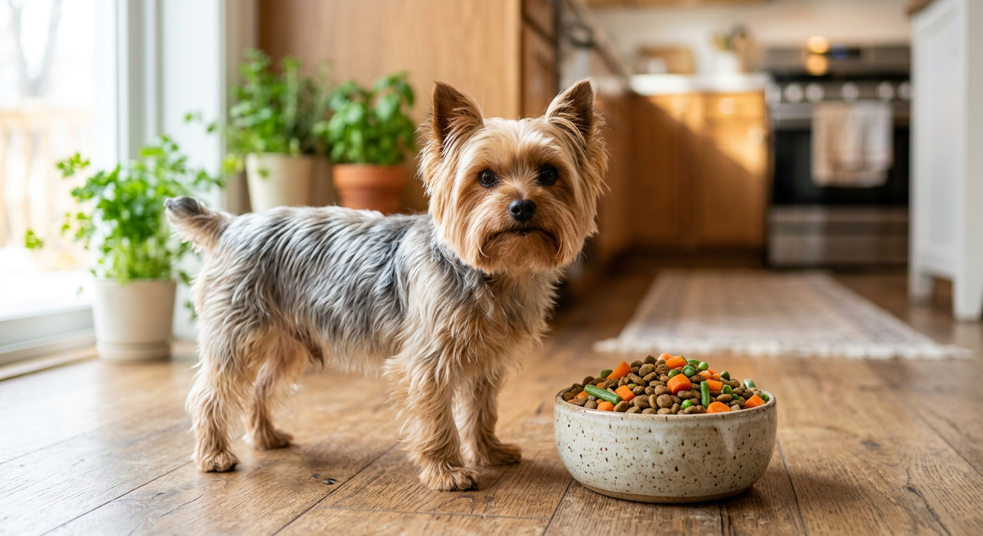 A small Yorkshire Terrier standing next to a bowl of fresh, colorful dog food.