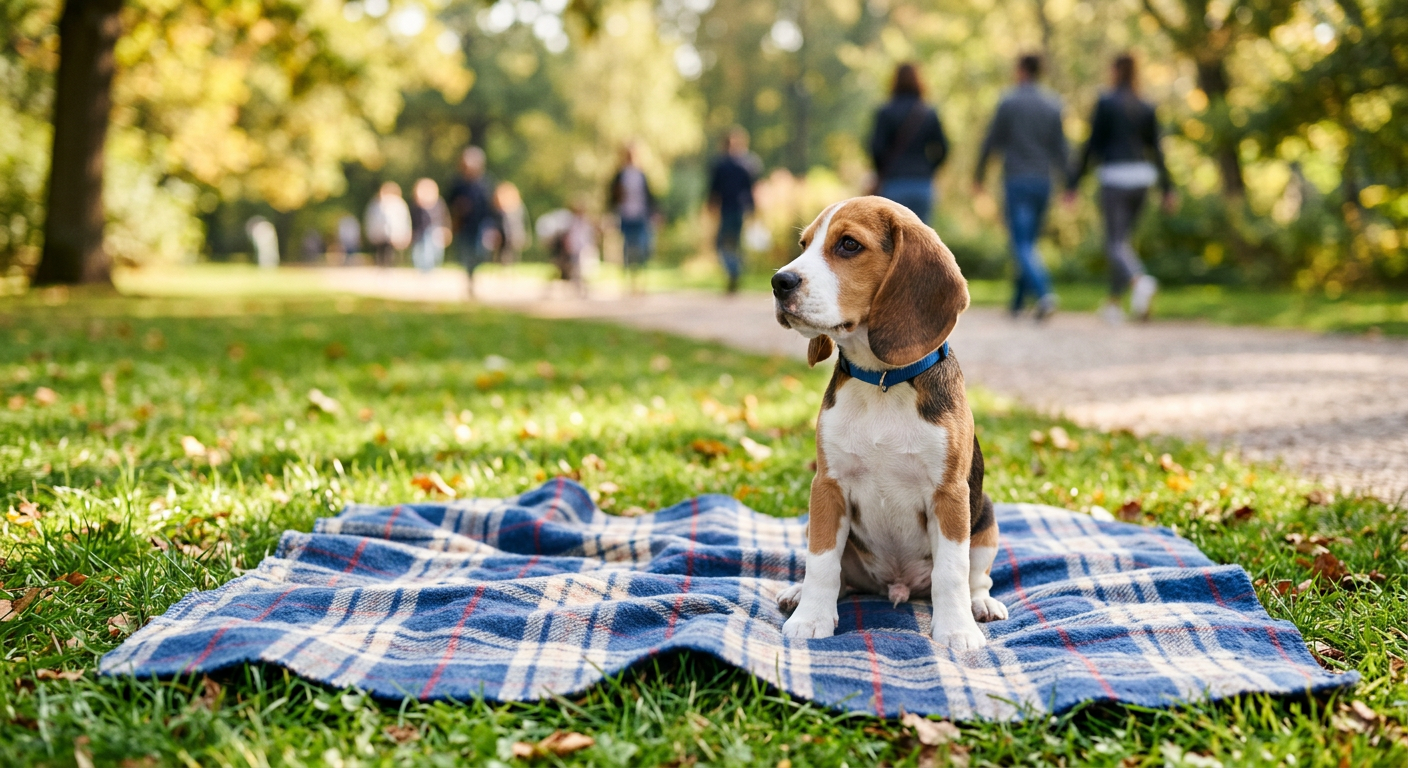 A small Beagle puppy sitting on a colorful park blanket observing people and dogs from a distance.