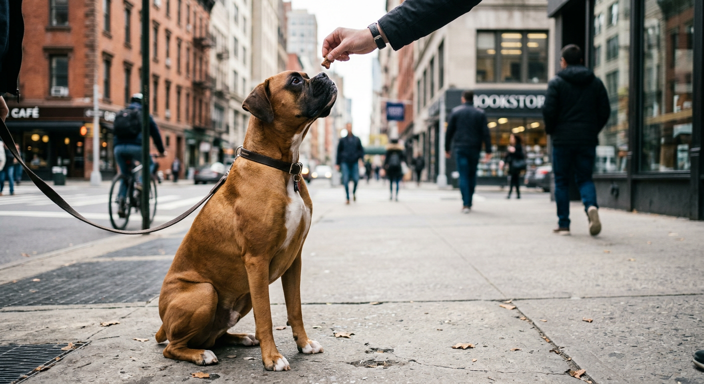 A person giving a treat to a calm adult Boxer sitting on a city sidewalk.