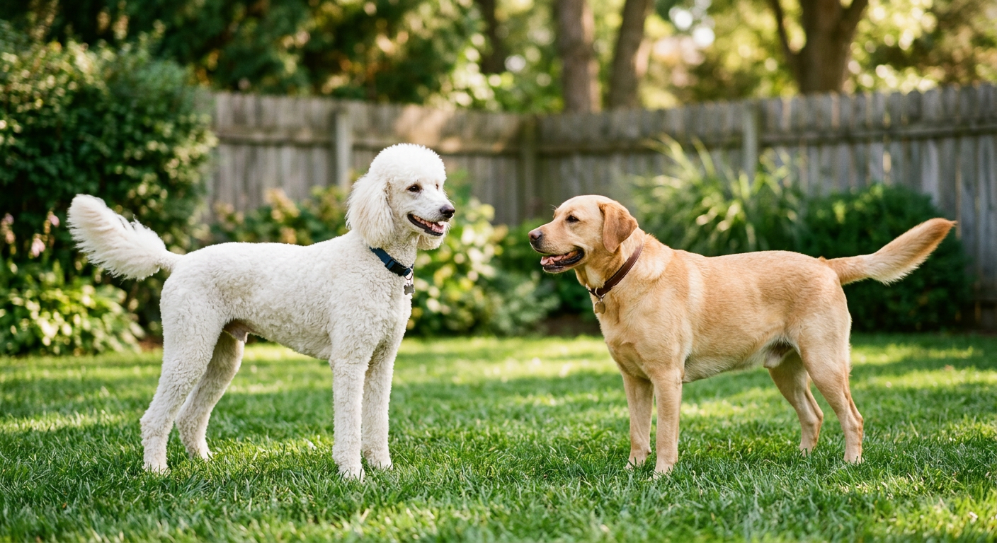 Two dogs, a Labrador and a Poodle, sniffing each other politely in a grassy backyard.
