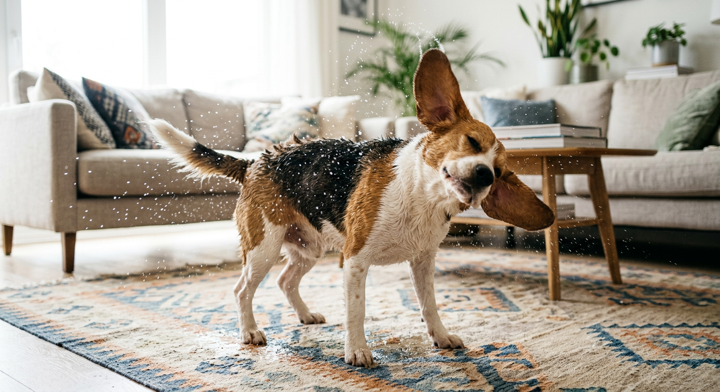 A Beagle dog performing a shake-off motion in a living room to relieve tension.