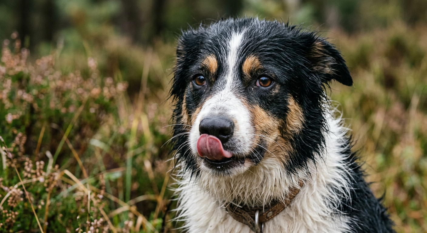 Close up of a Border Collie mouth showing tight muzzle tension and a lip lick.
