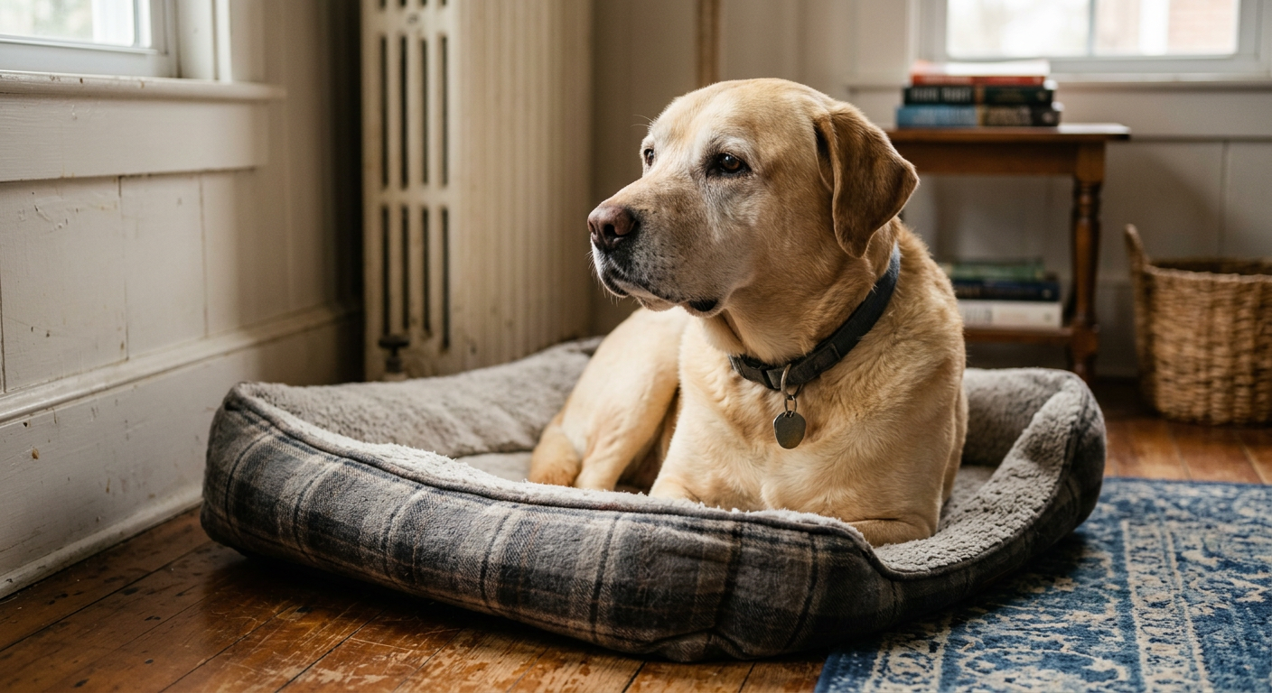 A senior Labrador Retriever sitting in a quiet corner looking slightly anxious.
