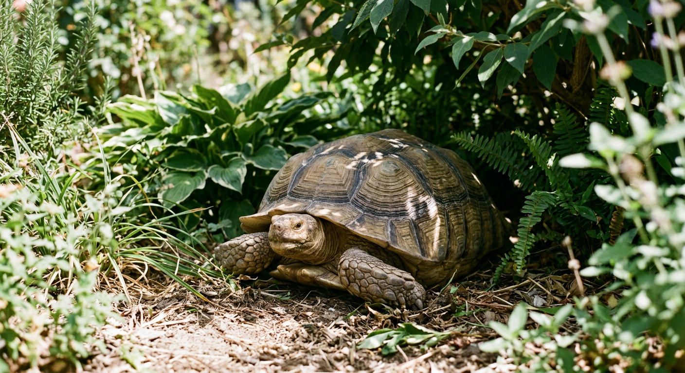 An African Spurred Tortoise resting in the deep shade of a large green bush during a sunny day.