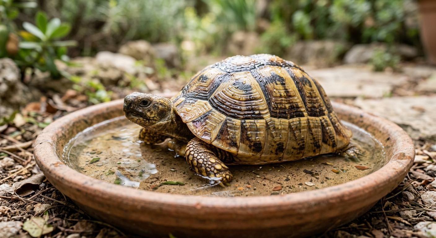 A small Hermann's tortoise soaking in a shallow ceramic dish filled with clean water.