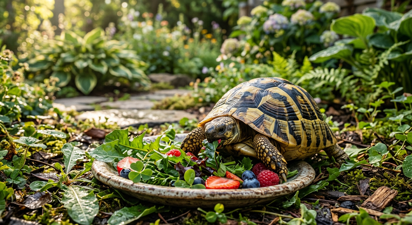 A Red-Footed tortoise eating bright red strawberries and green leafy kale from a flat stone.