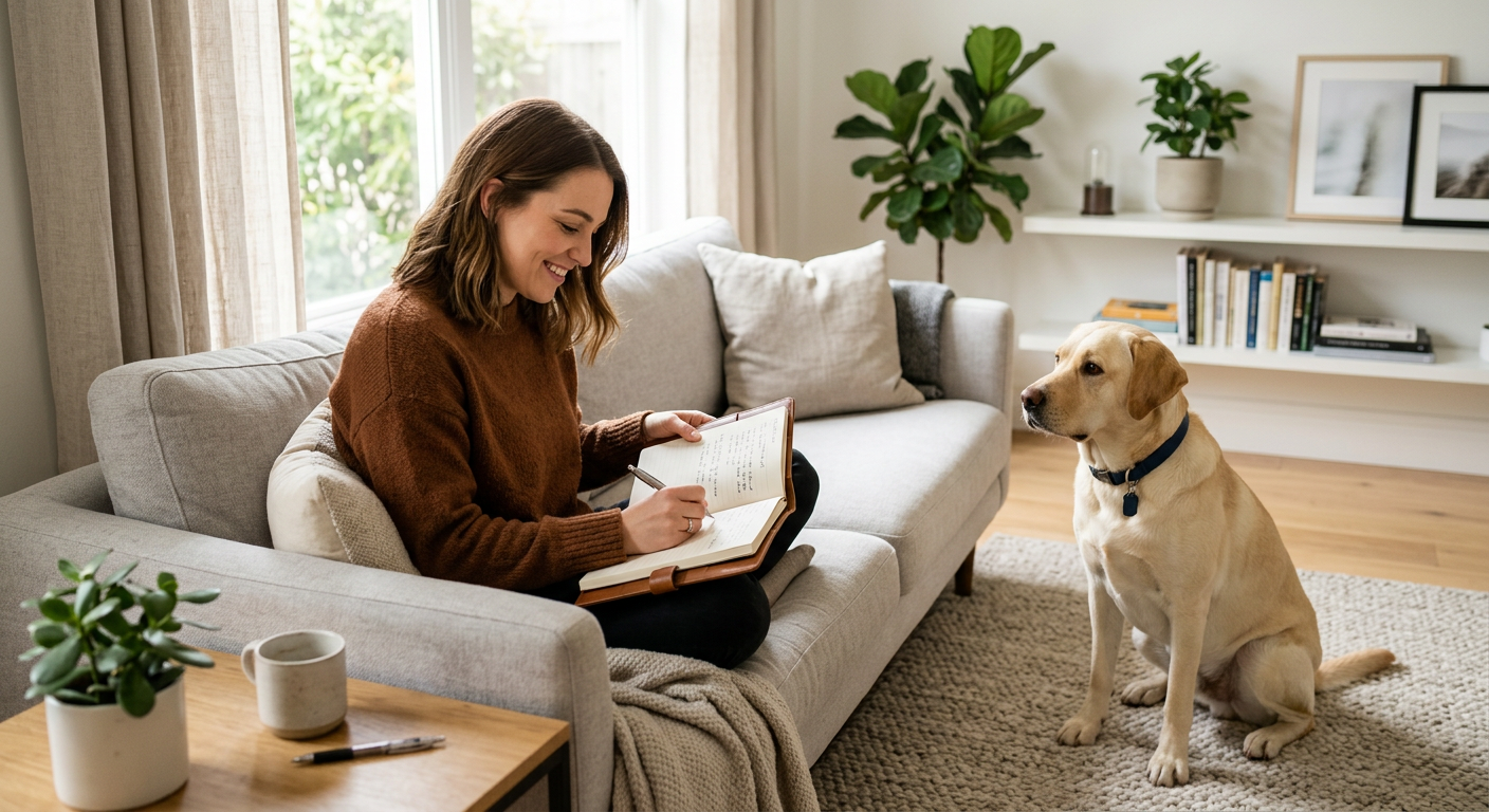 A dog owner calmly observing their Labrador's body language in a sunny living room setting.
