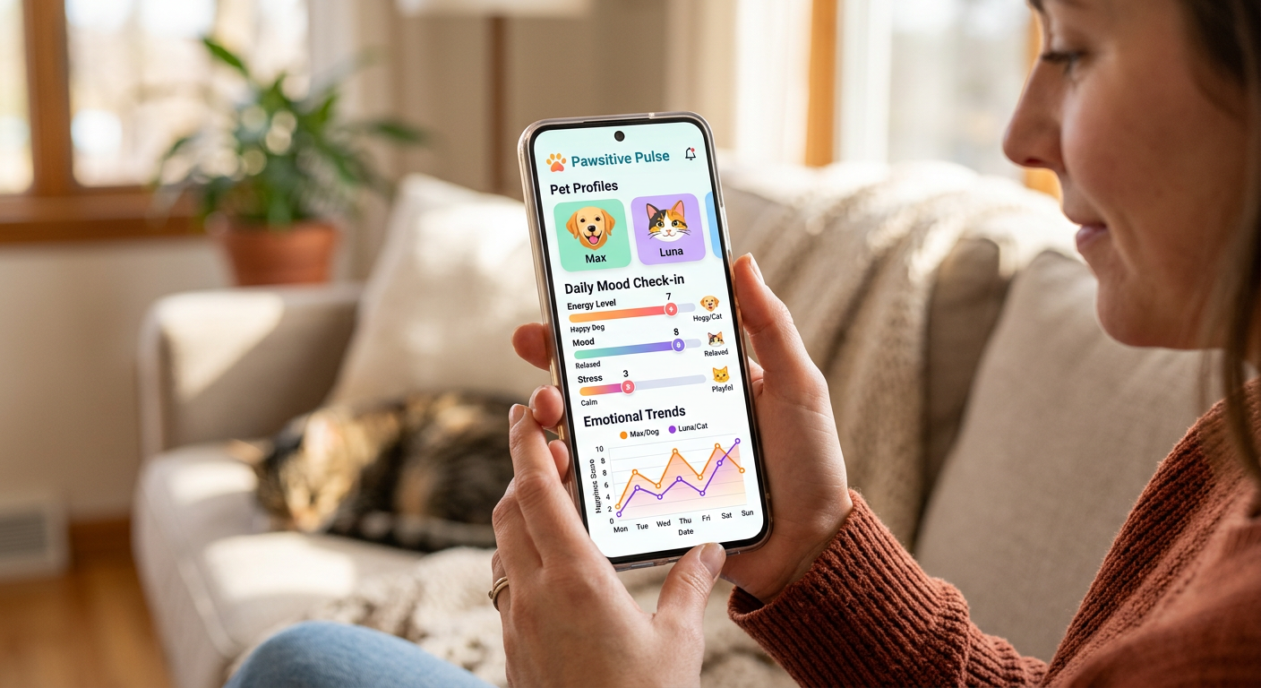 A close-up of a digital pet journal app showing mood icons and progress charts.