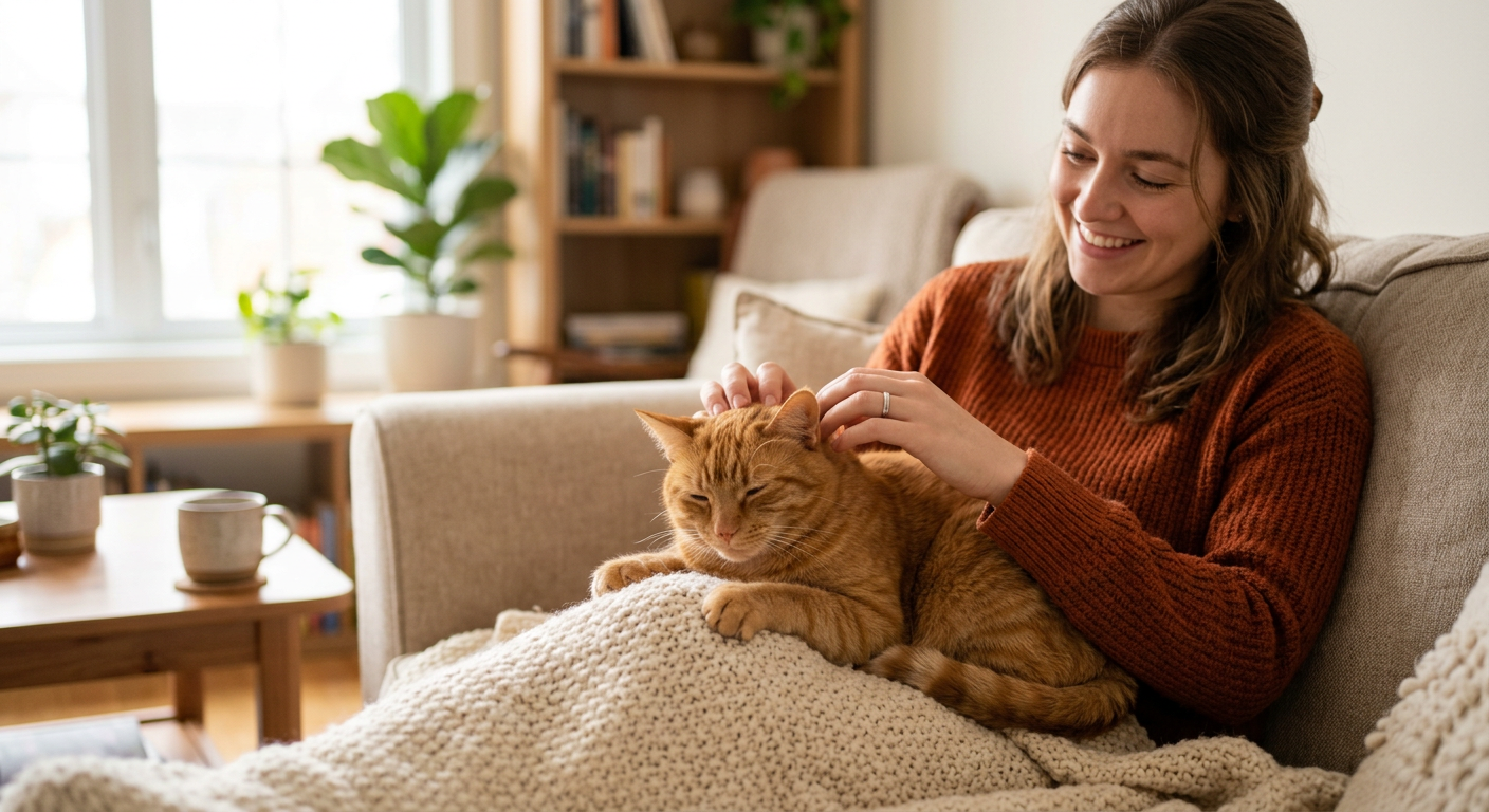 A happy cat and owner relaxing together on a sofa, symbolizing a strong emotional bond.