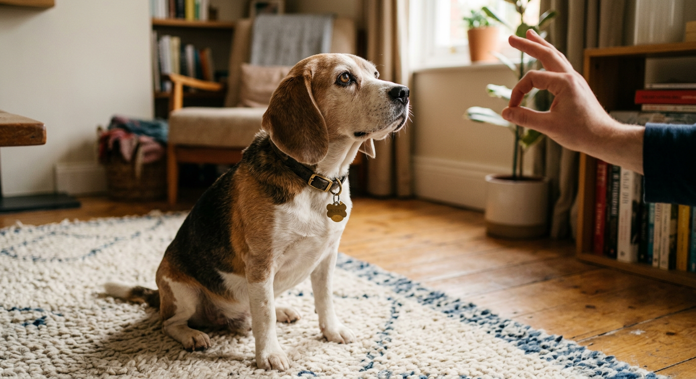 A focused older Beagle learning a hand signal from its owner in a cozy living room.