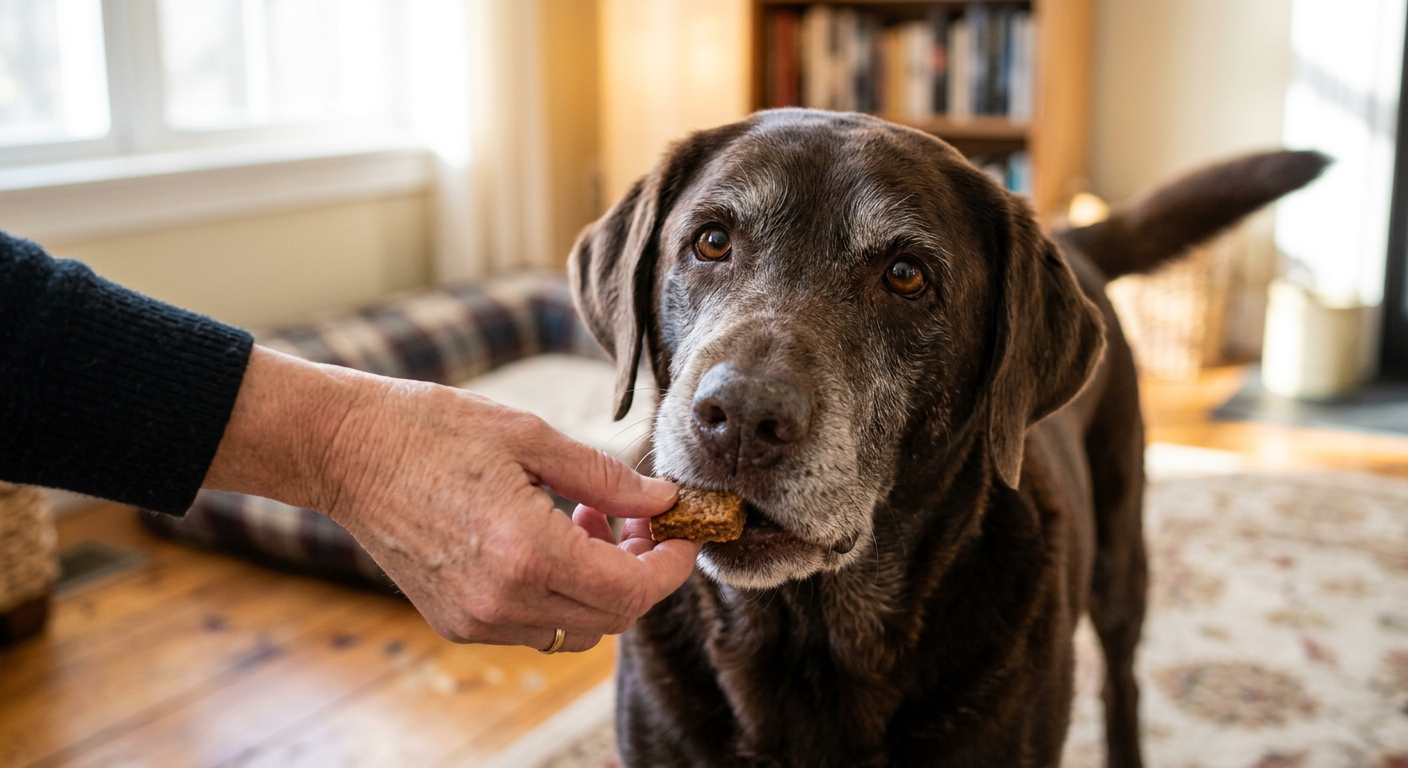 A senior Chocolate Labrador being rewarded with a treat for staying on a non-slip mat.