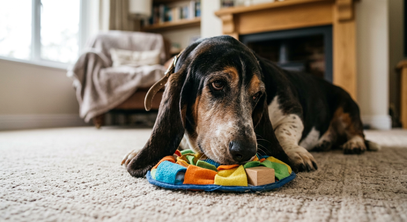 An older Basset Hound using its nose to find hidden treats under a puzzle toy.