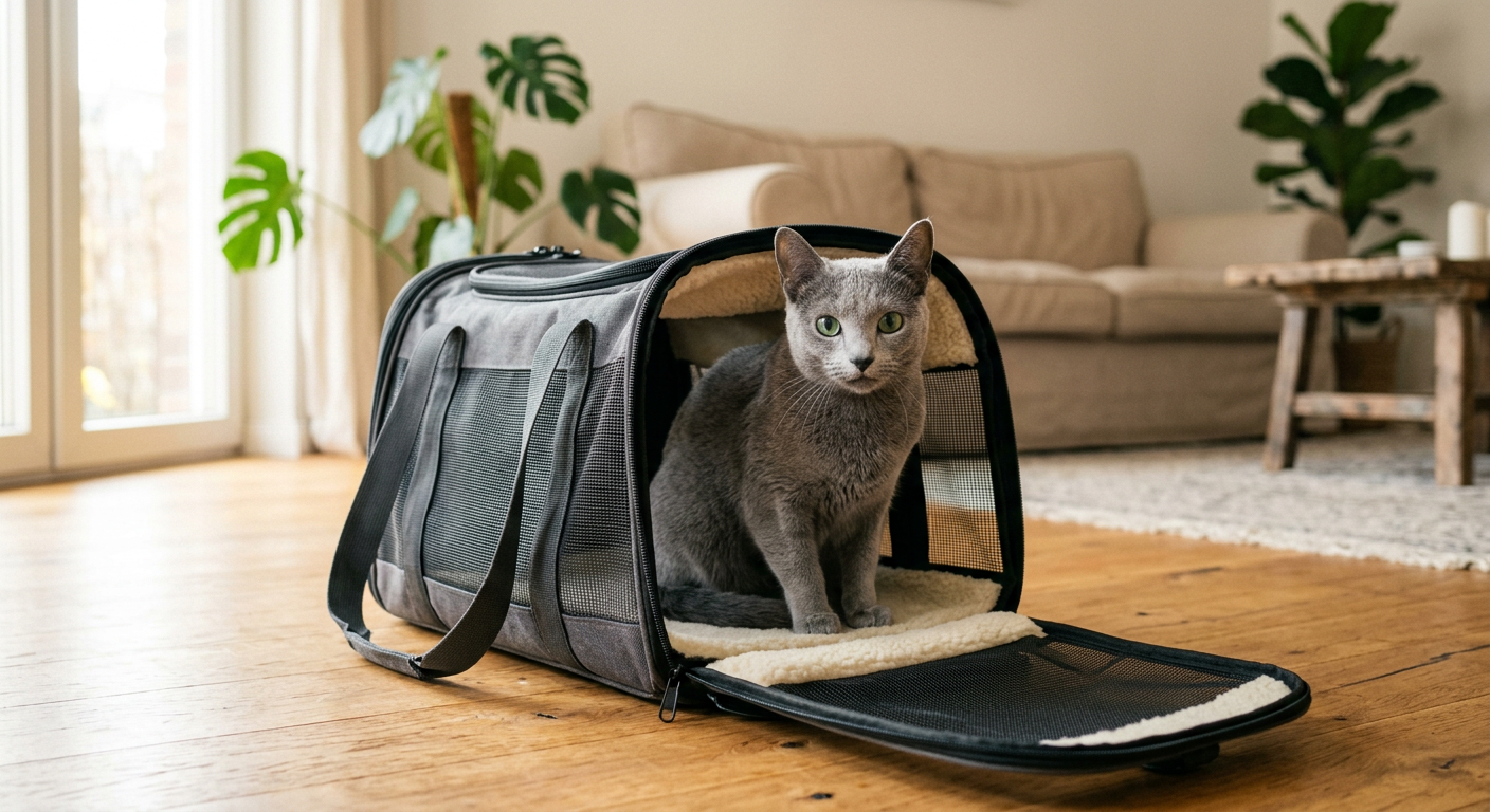 A calm Russian Blue cat sitting comfortably inside a modern grey pet carrier with mesh windows.
