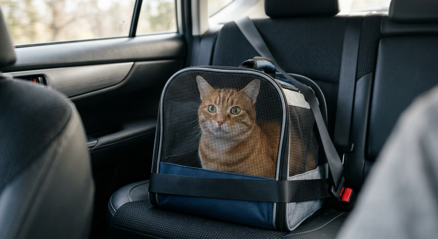 A ginger tabby cat looking out of a car window from inside a secured travel carrier.