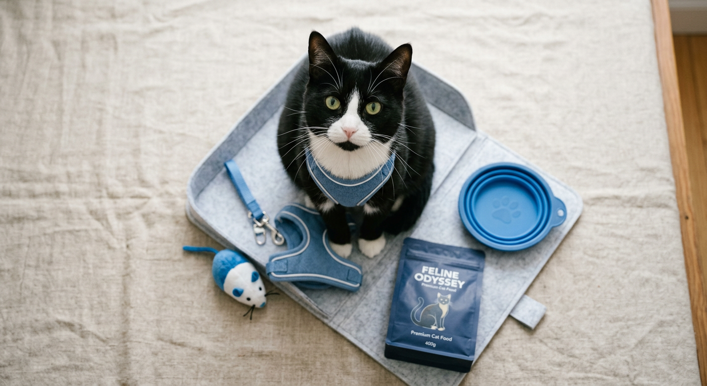 A flat-lay of cat travel essentials including a harness, collapsible bowl, and a bag of treats.